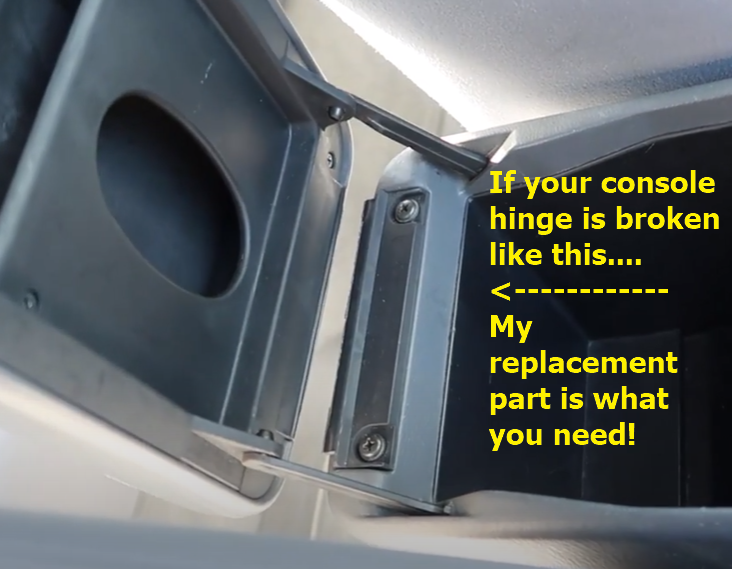 Broken-camry-console-hinge-with-yellow-annotation